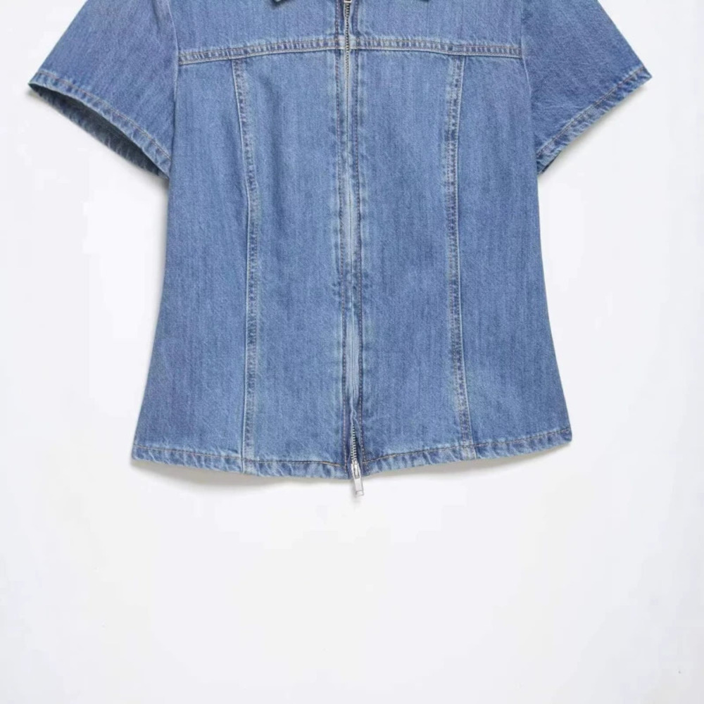 ZARA Summer Versatile Short Sleeve Zip Front Denim Shirt Fitted Waist